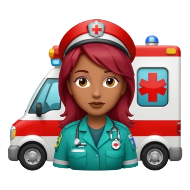 medium brown skin tone woman emoji with red burgundy hair in a paramedic costume with an ambulance in the background sticker