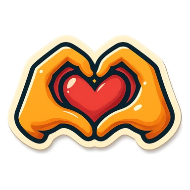 heart hands icon, hands forming a heart, bold outlines, vintage sticker look sticker