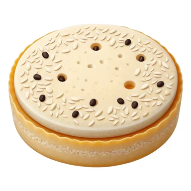 single round rice cake with light puffed texture, pale off-white color, speckled with tiny grains and air pockets, slightly uneven matte surface, crisp edges, delicate crunchy appearance, no packaging, no toppings, no extras, soft lighting, subtle shadows, emoji scale sticker