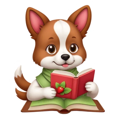 Dog reading a book with a strawberry matcha latte sticker