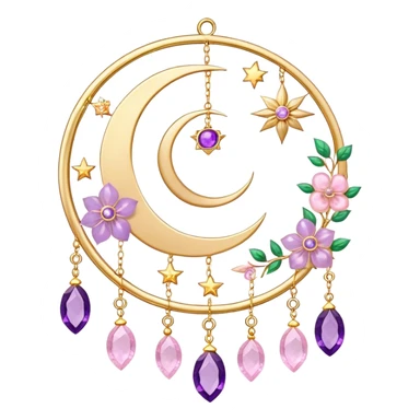 Epic beautiful gorgeous cute gold suncatcher, threads with shiny sparkly amethyst and rose-quartz gemstones, flowers, moons, stars, leaves sticker