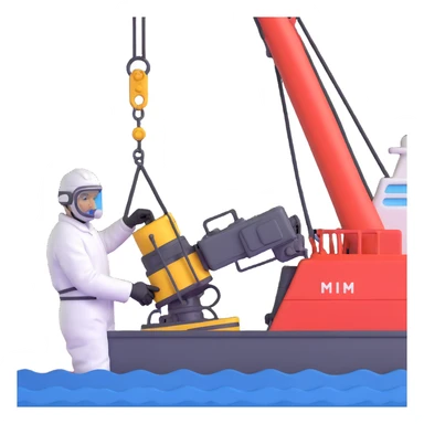 Scientists on Russian research ship using crane to collect ocean floor samples during rough seas sticker