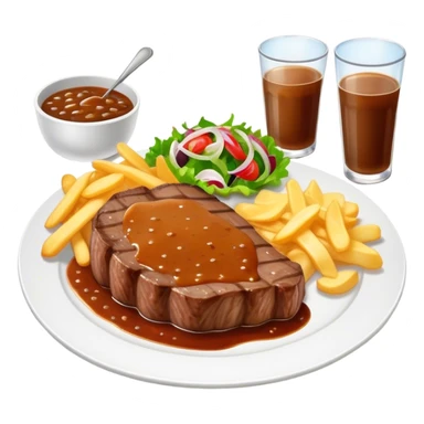big juicy australian steak meal featuring chips, small salad in a ramiken and gravy  sticker