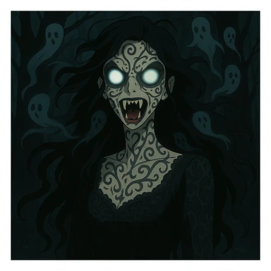 Make the beautiful scary girl much scarier by adding disturbing supernatural features and intensifying the horror while keeping her haunting beauty in a gothic horror style. sticker