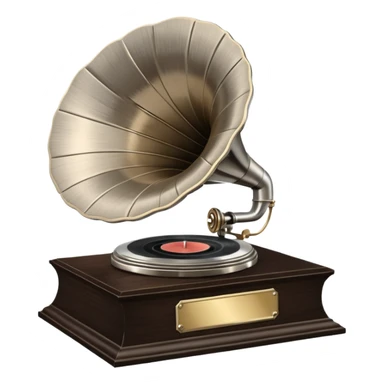 A platinum music award plaque: a square, polished platinum plate with a subtly textured, mirror-like finish, mounted on a simple dark wood base. The center features a relief of a vintage gramophone or stylized vinyl record in a slightly darker metallic tone.  sticker