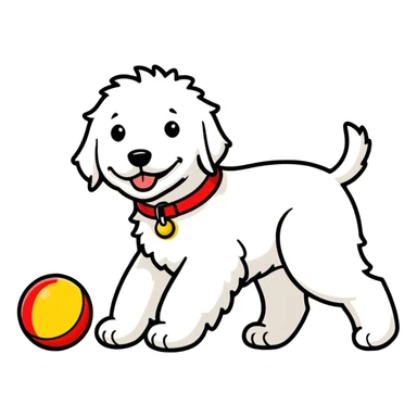 golden doodle with black collar catching a red and yellow ball sticker