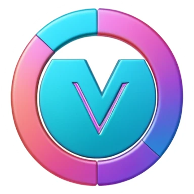 Credit coin in gradient of turquoise, blue, pink, purple, and coral as the main surface 3d rotate V letter sticker