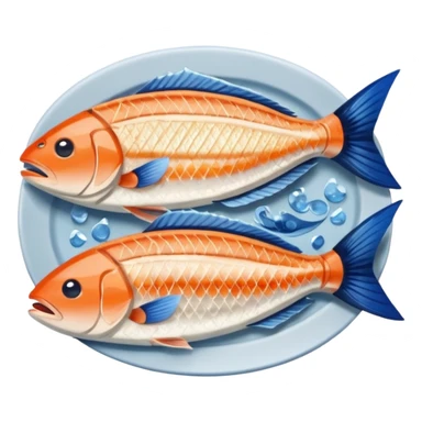 Fish dishes avatar in bright emoji-style illustration. Grilled fish, fillets, and seafood, blue and silver tones, simple shapes, flat design, fresh and flavorful. sticker
