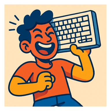 a person holding a keyboard up to their head like a boombox, fun and expressive style sticker