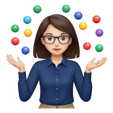 a cute brunette girl in a navy shirt wearing glasses,  juggling multicolored balls with two hands  sticker