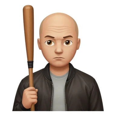 Bald Russian 1990s gangster emoji, leather jacket, , serious face with a bat sticker