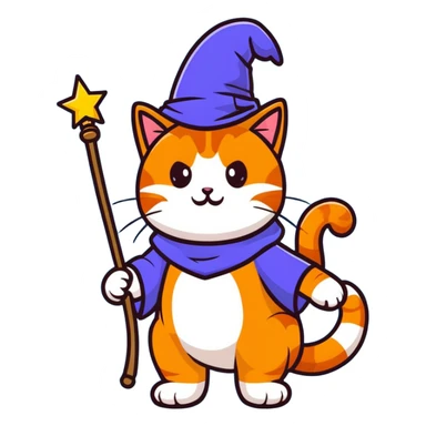orange cat wearing wizard hat with magic wand sticker