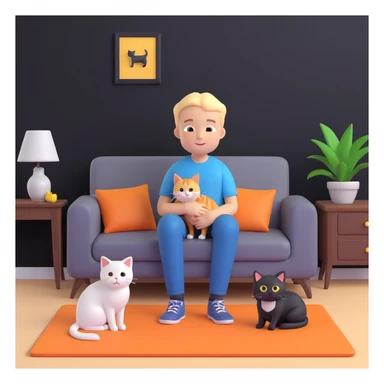 boy and cat pet, living room background sticker