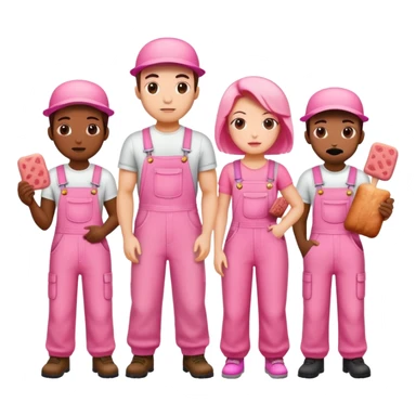 group of artists wearing pink overalls protesting for spam meat art sticker