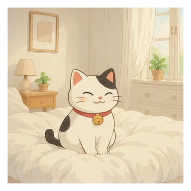 White and black Chinese lucky cat in a cozy on a soft puffy white duvet covered bed in bright white and clean girl aesthetic bedroom, kawaii  sticker