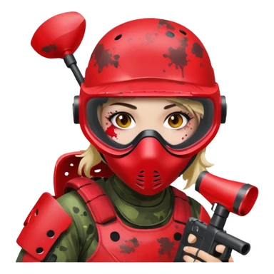 girl playing paintball with red paintball gear and only face sticker