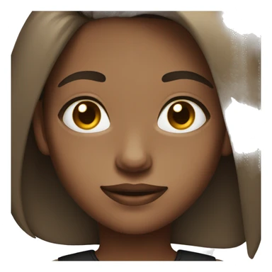 A dark skinned but light girl with straight brown short to shoulders hair with brown eyes and black shirt sticker