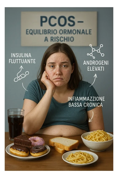 Donna tra i 25 e i 35 anni, seduta a tavola con un’espressione stanca e gonfia. Sul tavolo ci sono alimenti sbagliati per la sua condizione: dolci raffinati, pane bianco, pasta, bibite zuccherate. Intorno al suo corpo si vedono elementi simbolici che rappresentano gli effetti della PCOS peggiorata: insulina fluttuante, androgeni elevati, infiammazione bassa cronica. La sua pelle appare acneica, gonfiore addominale visibile, sguardo affaticato. Sullo sfondo, un cartello sfocato con scritto 'PCOS – equilibrio ormonale a rischio'. Stile realistico con elementi simbolici, toni freddi ma chiari in italiano sticker