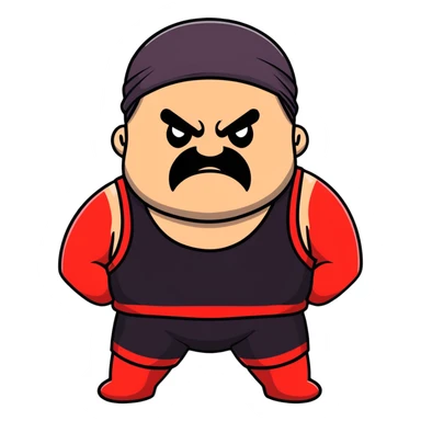 White skin fat guy with prominent black durag, short black beard and mustache, black eyes in a red and black wrestling singlet with angry face sticker