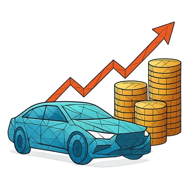 polygonal style car with gold coins and upward trend line, showing financial growth sticker