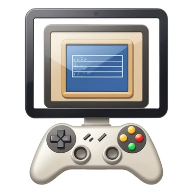 Professional icon for Game Design: a computer screen with a game interface, 3D models, pixel art, wireframe, and design tools like a grid and stylus. Gamepad. The icon should represent the technical and creative aspects of game development. Transparent background. sticker