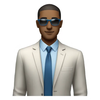 Square face, sharp features, clean-shaven, and a confident, relaxed expression. Wears a blue shirt and tie with sunglasses, standing casually by the water, giving off a stylish and modern vibe. sticker