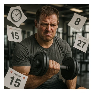 hyper realistic man doing many repetitions in gym, looking tired and dissatisfied, symbols of lost time like flying calendar pages, realistic details, gym background sticker