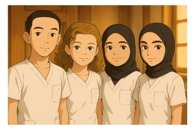 Four nursing students standing side by side in a warm indoor setting, wearing white sleeveless medical tunics with V-neck collars and left chest pockets. No collar stand, no undershirt, bare forearms, and no stethoscopes. Ghibli style, warm ambiance indoors. sticker