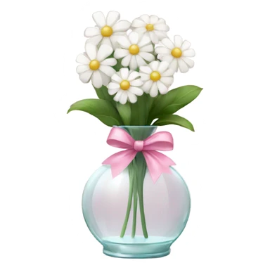 white flowers in glass vase with pink bow tied sticker