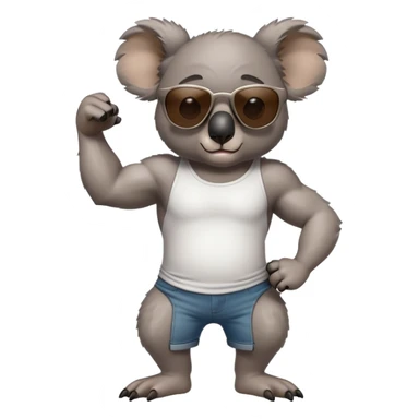 anthropomorphised koala, full body, casual clothing, dark sunglasses, flexing muscles sticker