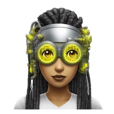 Neon yellow bobbed hair Latina female cyborg head with silver steampunk goggles and circuits sticker