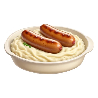 Cinematic Realistic Bangers and Mash Dish Emoji, featuring succulent pork sausages paired with creamy mashed potatoes rendered with detailed textures and natural highlights that emphasize its robust, hearty flavor. sticker