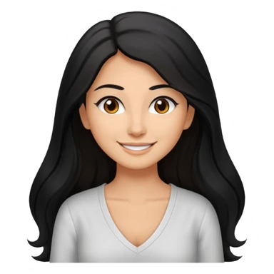 medium tan woman with long black hair past middle of back, round brwn eyes, white v neck blouse smiling. sticker
