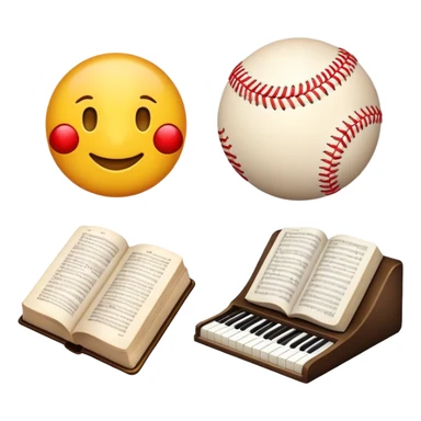 an emogi devided in 4 parts, one part is a Bible, another one is a baseball, another one is a piano and the last one represents science. sticker
