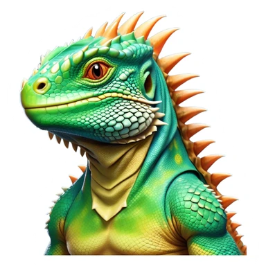 Cinematic Noble Iguana Portrait Emoji, Poised and majestic, with a robust, muscular build and a vibrant, scaly body accented by a prominent spiky crest and keen, observant eyes, Simplified yet sharp and sophisticated features, highly detailed, glowing with a soft, jungle radiance, high shine, intelligent and formidable, stylized with an air of ancient reptilian authority, focused and commanding, soft glowing outline, capturing the essence of a watchful guardian that appears ready to stride out of the screen with effortless might! sticker