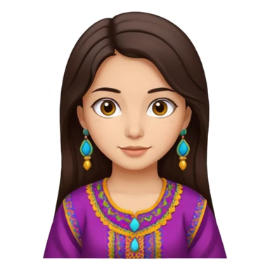 girl with dark brown hair, Afghan dress, vibrant colors, friendly face emoji sticker