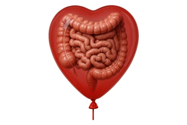 intestino umano anatomico chiuso in un palloncino rosso, iperrealistico 4k sticker
