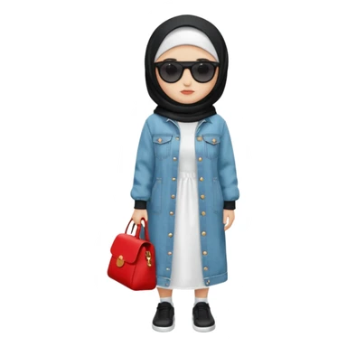female memoji character, iPhone style, wearing black hijab, white long dress, oversized light blue denim jacket, white socks, black shoes with red detail, black shoulder bag, sunglasses on head, cute expression, no background, transparent PNG sticker