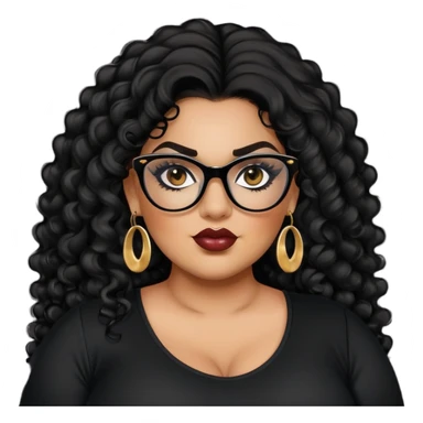 big plus size, latina, darker tan skin, long black curly hair, baddie,pretty, makeup, lipgloss, black eyeliner, long hair, stud gold earrings, black top, black glasses sticker