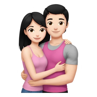 a pretty bratz fair girl. black hair, wearing a pink cami top, she is hugging a handsome fair guy with black hair. lean but muscular. is wearing a black tshirt sticker