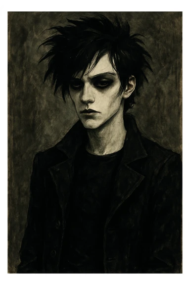 goth boy, black clothes, pale skin, moody expression, dark hair, stylized sticker