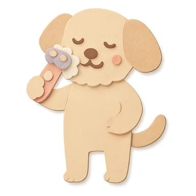 soft pastel electric shaver dog brushing its fuzzy face, creamy beige tones, full-body sticker