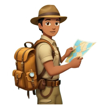 Icon for Adventure Movie: A vintage poster-style design featuring a daring explorer with a map, compass, and backpack. Include dramatic landscapes like jungles, mountains, and rivers, with a dynamic action scene. Bold, adventurous colors and a retro cinematic feel. Transparent background. sticker