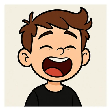 front image of a white boy with brown hair, semi-closed eyes, wide open mouth, black shirt, cartoon style, expressive face sticker