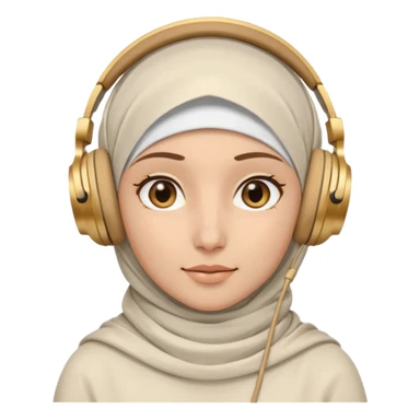This is a cartoon-style avatar of a woman wearing a white hijab and headphones, with golden-brown eyes and a calm expression. sticker