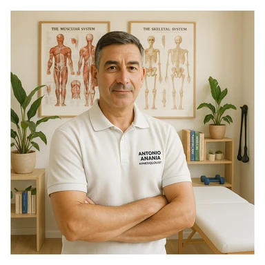 Create a photo-realistic illustration of a middle-aged male kinesiologist named Antonio Anania in his private studio. He has a calm, confident expression and wears a fitted polo shirt or lab coat. The studio is bright and minimalistic, with wooden elements, anatomical posters, and natural plants. Books on kinesiology, anatomy, and natural health are neatly displayed. A massage table and exercise equipment are in the background. The style should be clean with natural light, professional but warm atmosphere. The face and features should closely resemble the person in the reference image. sticker