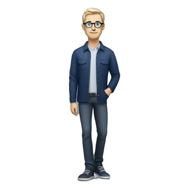 caucasian white man with dark hair, blue glasses, and carrying design plan because he is an architect and a pencil and a set model maquette. wearing a navy blue long sleeve shirt. smart.  sticker