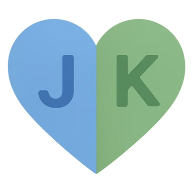 In the blue and green heart, place the letter J on the blue part and the letter K on the green part, maintaining a colorful icon style with a transparent background. sticker