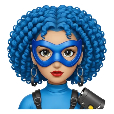 blue curly haired paintball playergirl with huge earrings, wearing paintball mask sticker