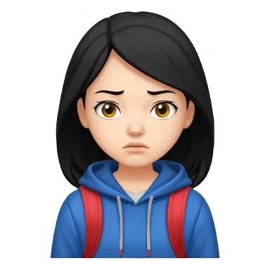 college student with annoyed face , black hair , with hoodie and backpack , girl sticker